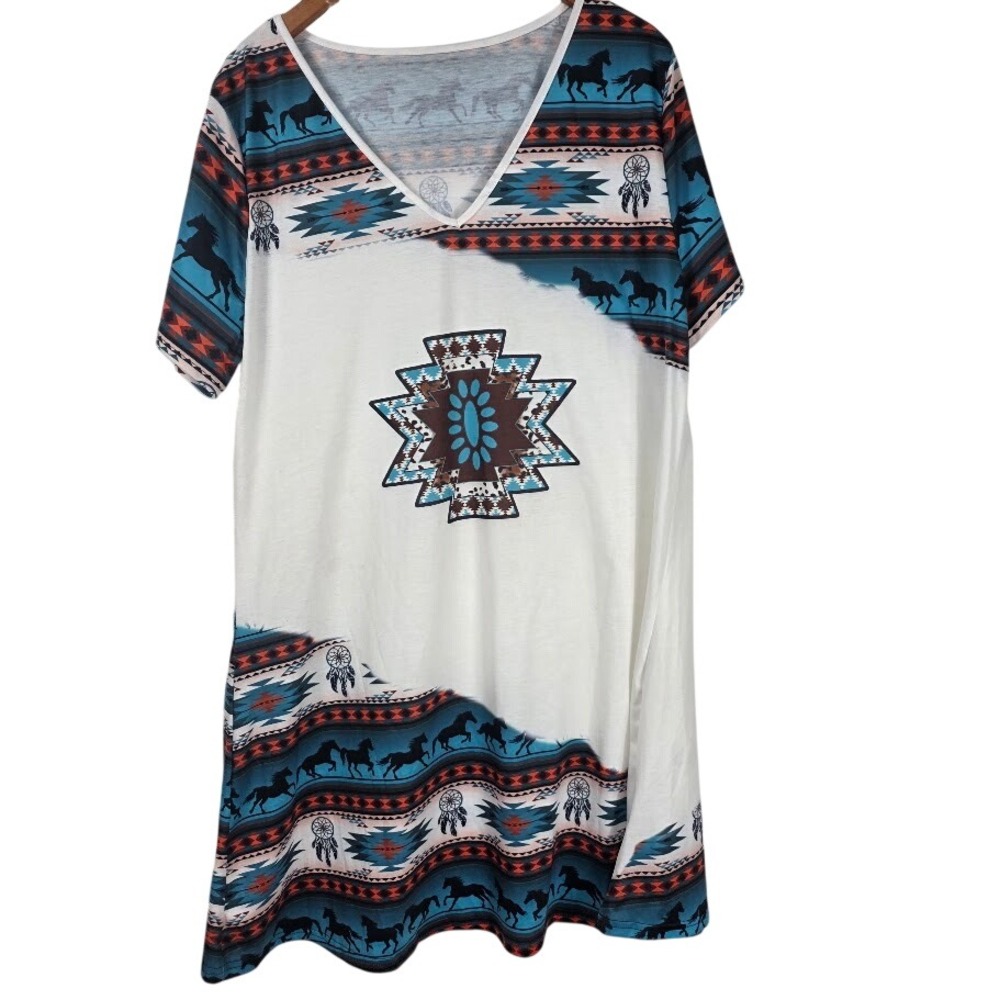 Southwestern Horse Print V-Neck Tunic Women 2X White Blue Aztec Tribal Tee - Picture 2 of 5